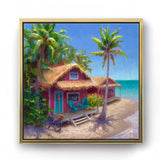 Beach Shack Canvas Art of Tropical Beach Cottage and Palm Trees