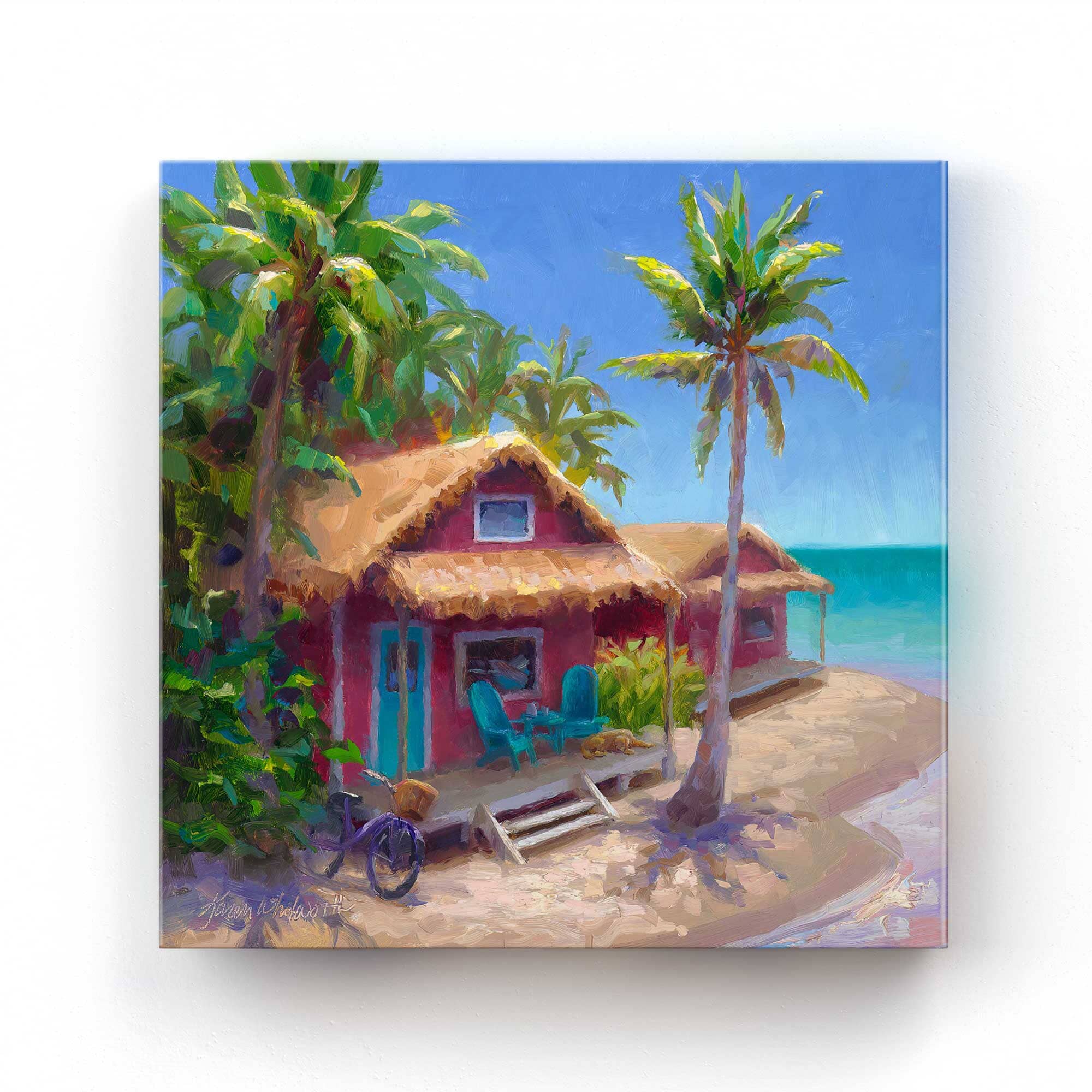 Beach Shack Canvas Art of Tropical Beach Cottage and Palm Trees
