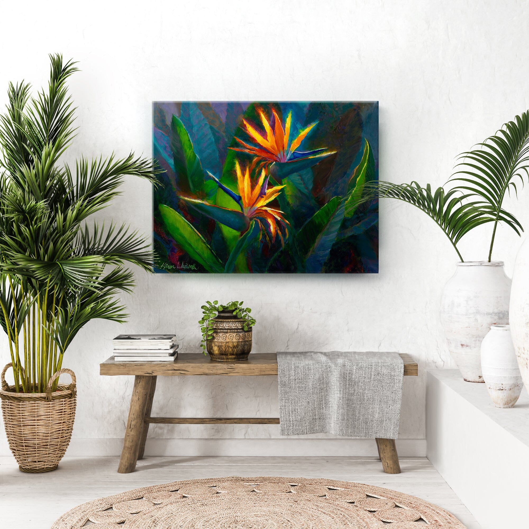 RyounoArt Bird of Paradise Canvas Wall Art Tropical Floral Painting Picture  Green Plam Leaves Print Artwork for Living Room Bedroom Wall Decor Framed