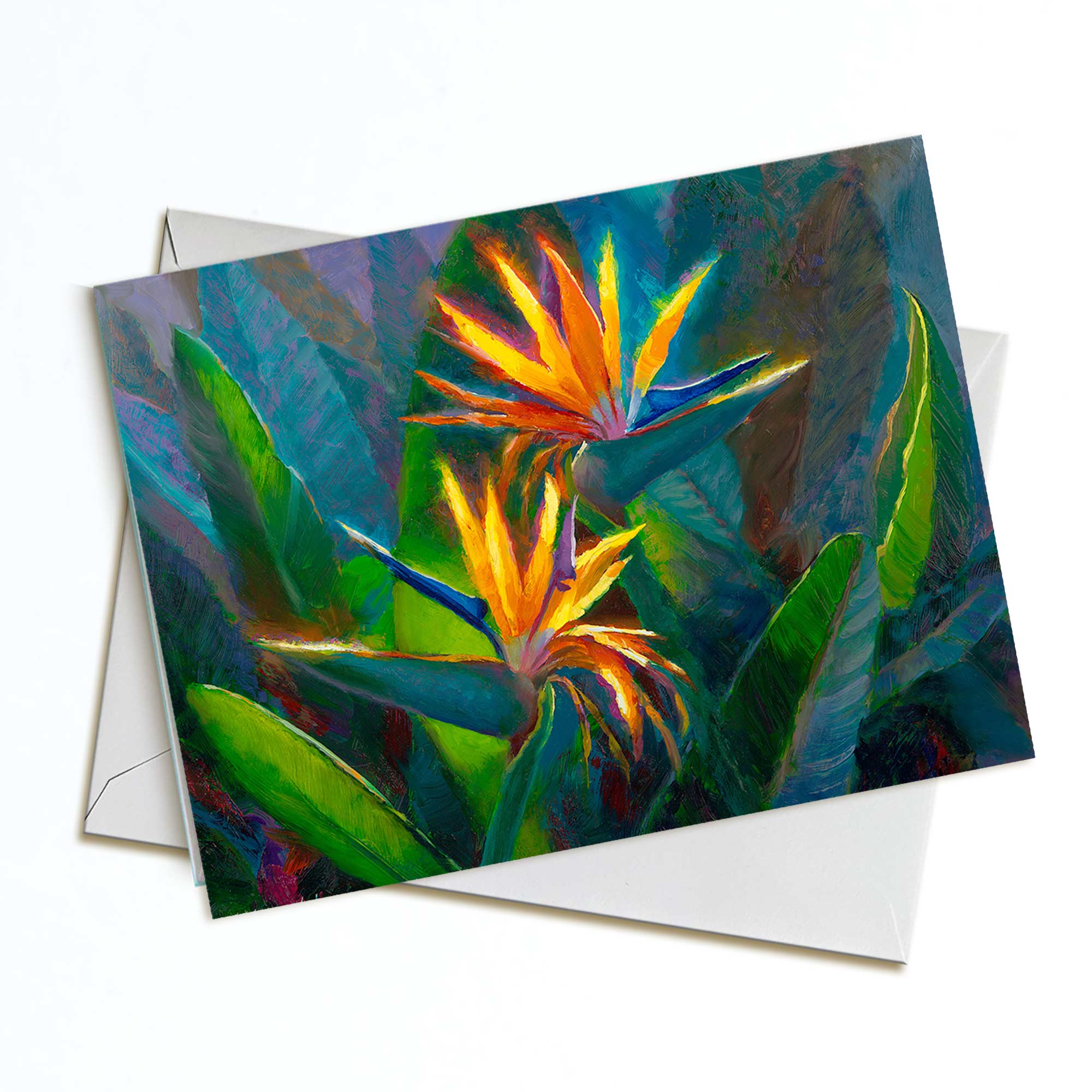 Bird of paradise flowers on a greeting card with white envelope
