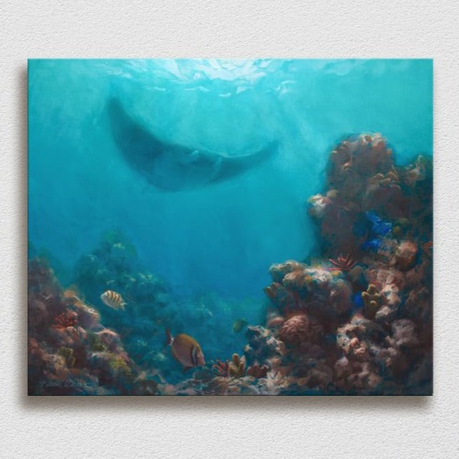 Wall art canvas of tropical coral reef and manta ray by ocean and Hawaii artist Karen Whitworth