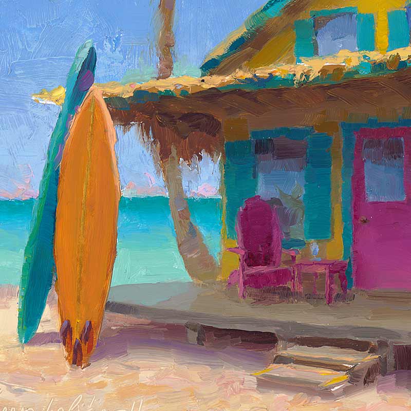 Hawaii surf art on canvas with cottage by beach landscape artist Karen Whitworth