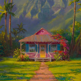 Kauai landscape art print of Hanalei cottage and palm trees in Hawaii