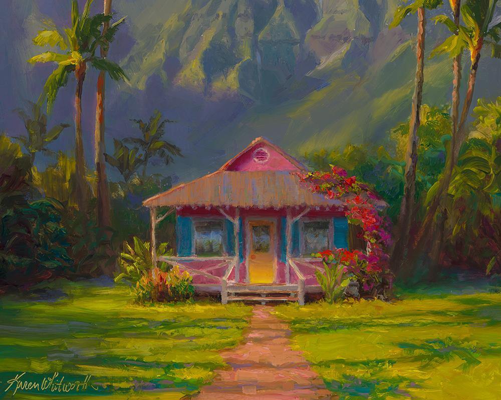 Kauai landscape art print of Hanalei cottage and palm trees in Hawaii