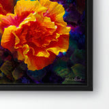 Hawaiian hibiscus painting on canvas by tropical flower artist Karen Whitworth in black frame on white wall (Crop/close up detail view)