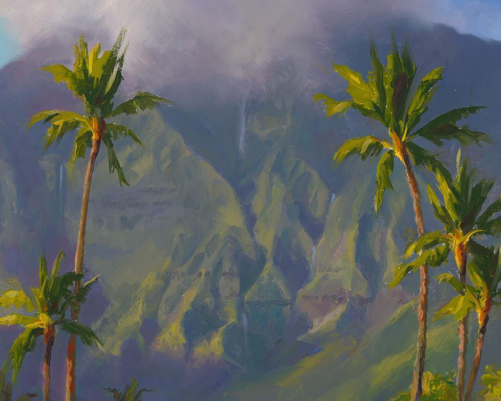 Kauai landscape art print of Hanalei cottage and palm trees in Hawaii