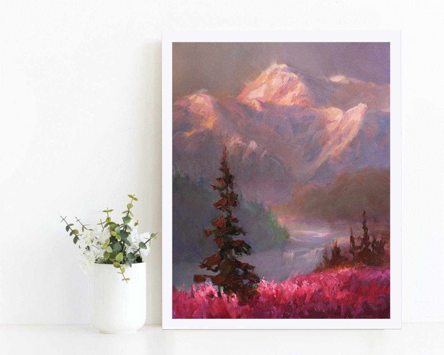 Mountain landscape wall art print of Alaskan painting by nature artist Karen Whitworth