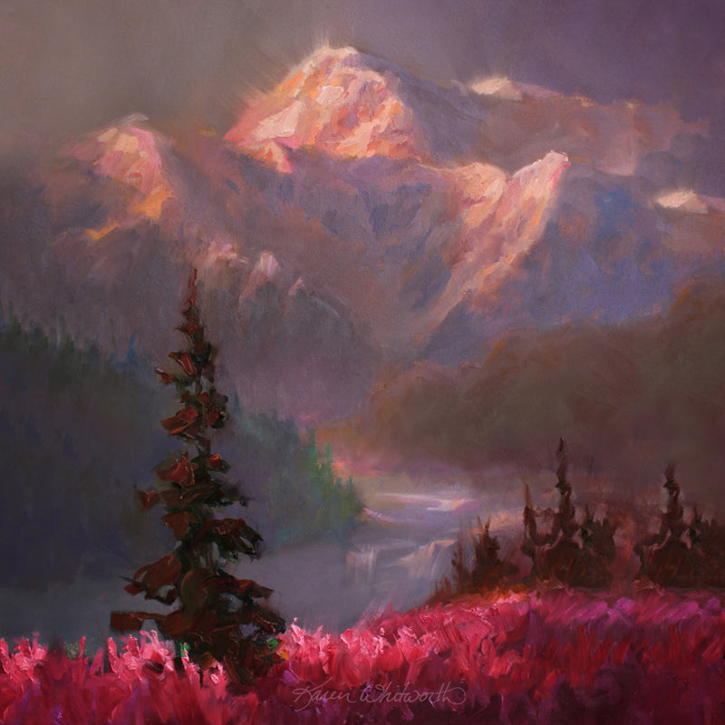 Alaska wall art print of Denali mountain landscape painting with a field of Alaskan fireweed wildflowers in the foreground.