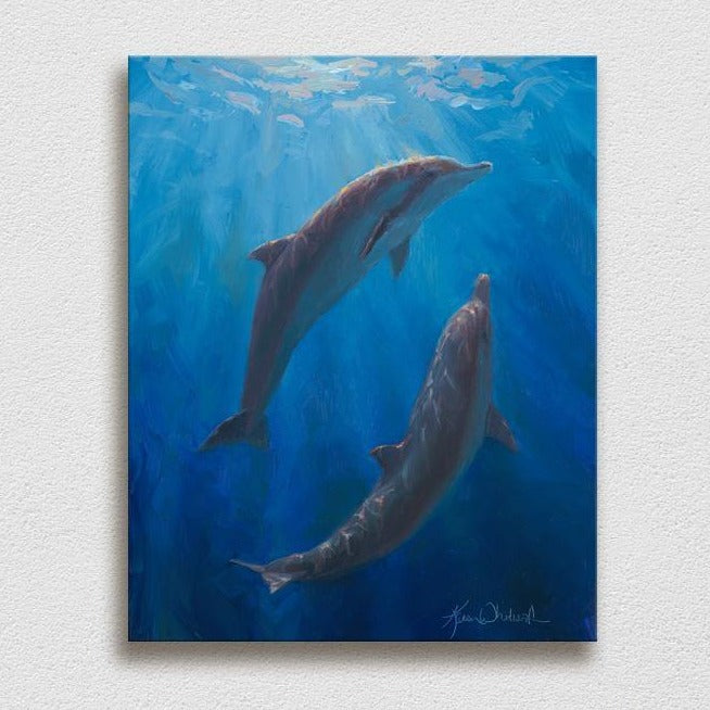 Dolphin canvas wall art painting of 2 Spinner Dolphins underwater in Hawaii