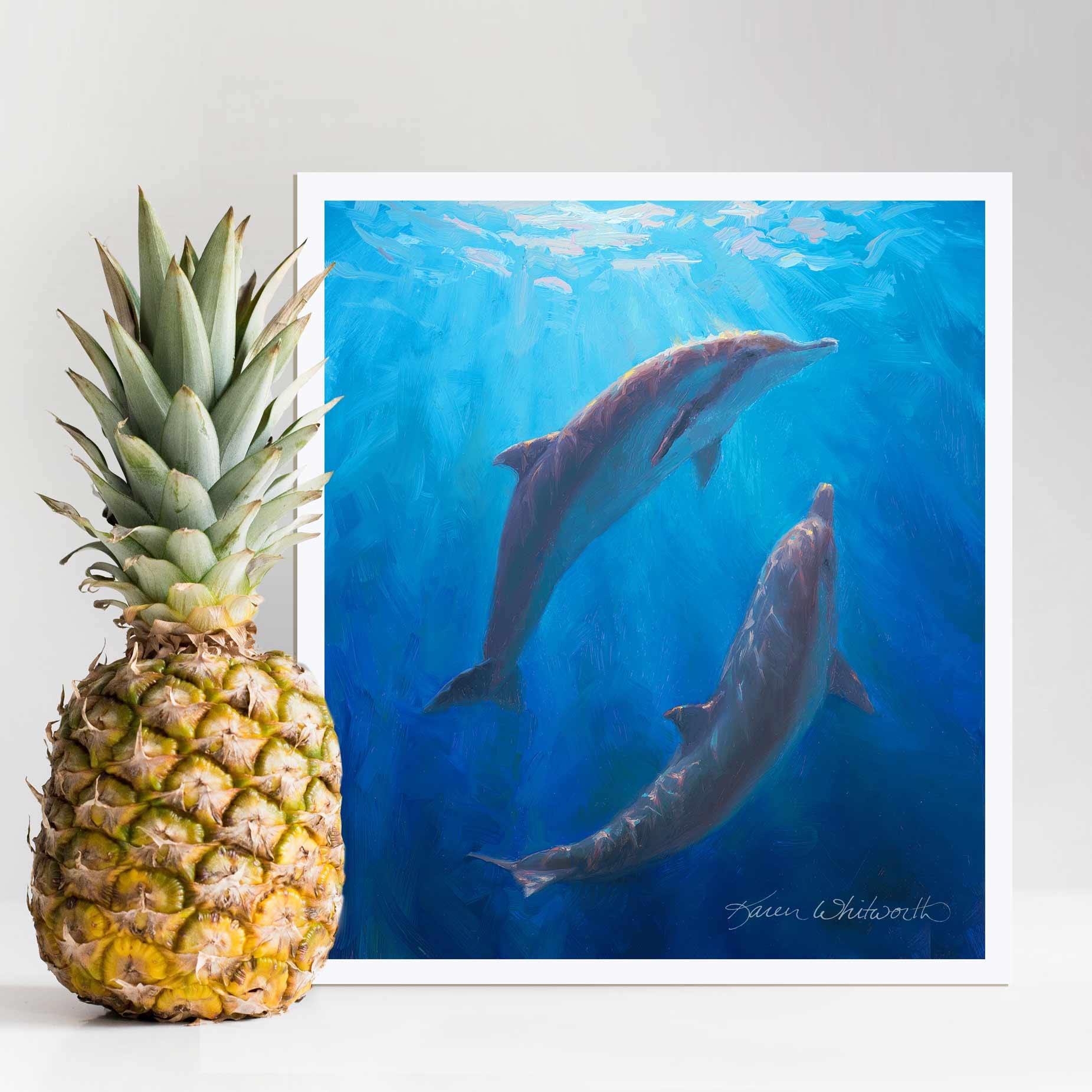 11x14 Matted Underwater dolphin wall art print of whales by ocean artist Karen Whitworth