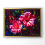 pink hibiscus Hawaiian flower painting on canvas by Hawaii artist Karen Whitworth. The artwork is framed in a gold frame and hanging on a white wall.