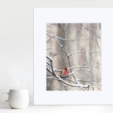 Soothing wall art print of a single songbird in a winter forest painting by wildlife artist Karen Whitworth