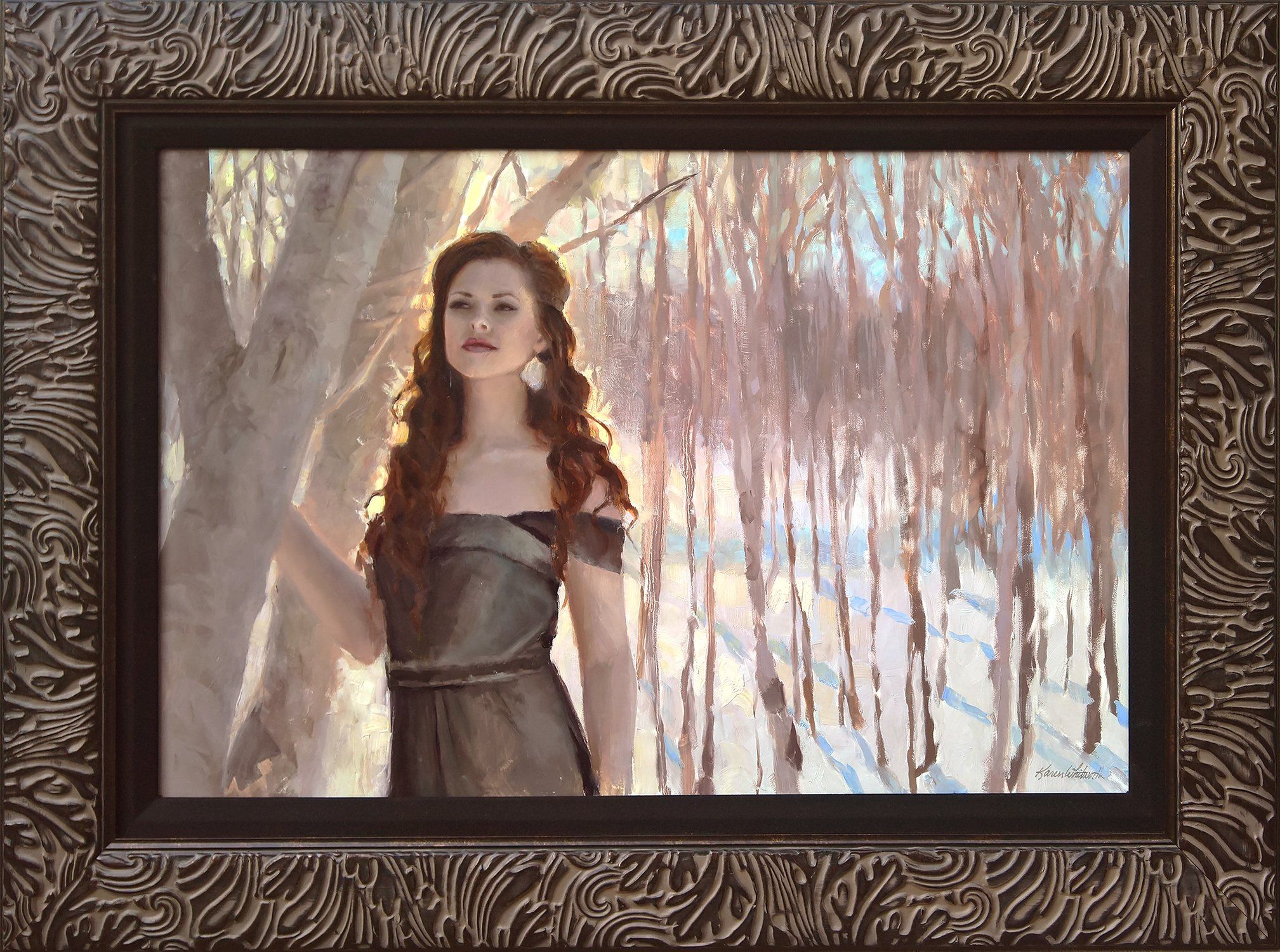 Framed Portrait Painting of Woman in a snowy winter forest. Figure in the Landscape oil painting by Karen Whitworth