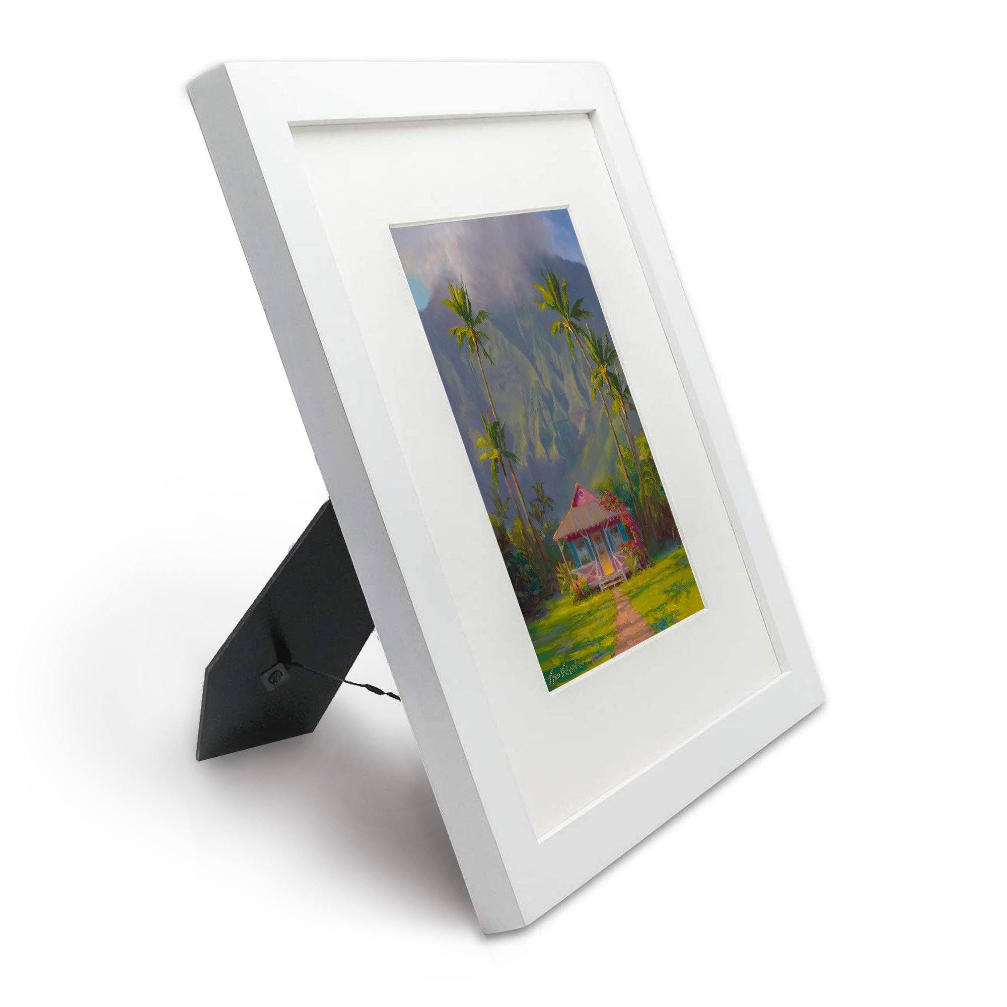 Framed Hawaii Art Print of Hanalei on the Island of Kauai in a White Picture Mat and a White Frame