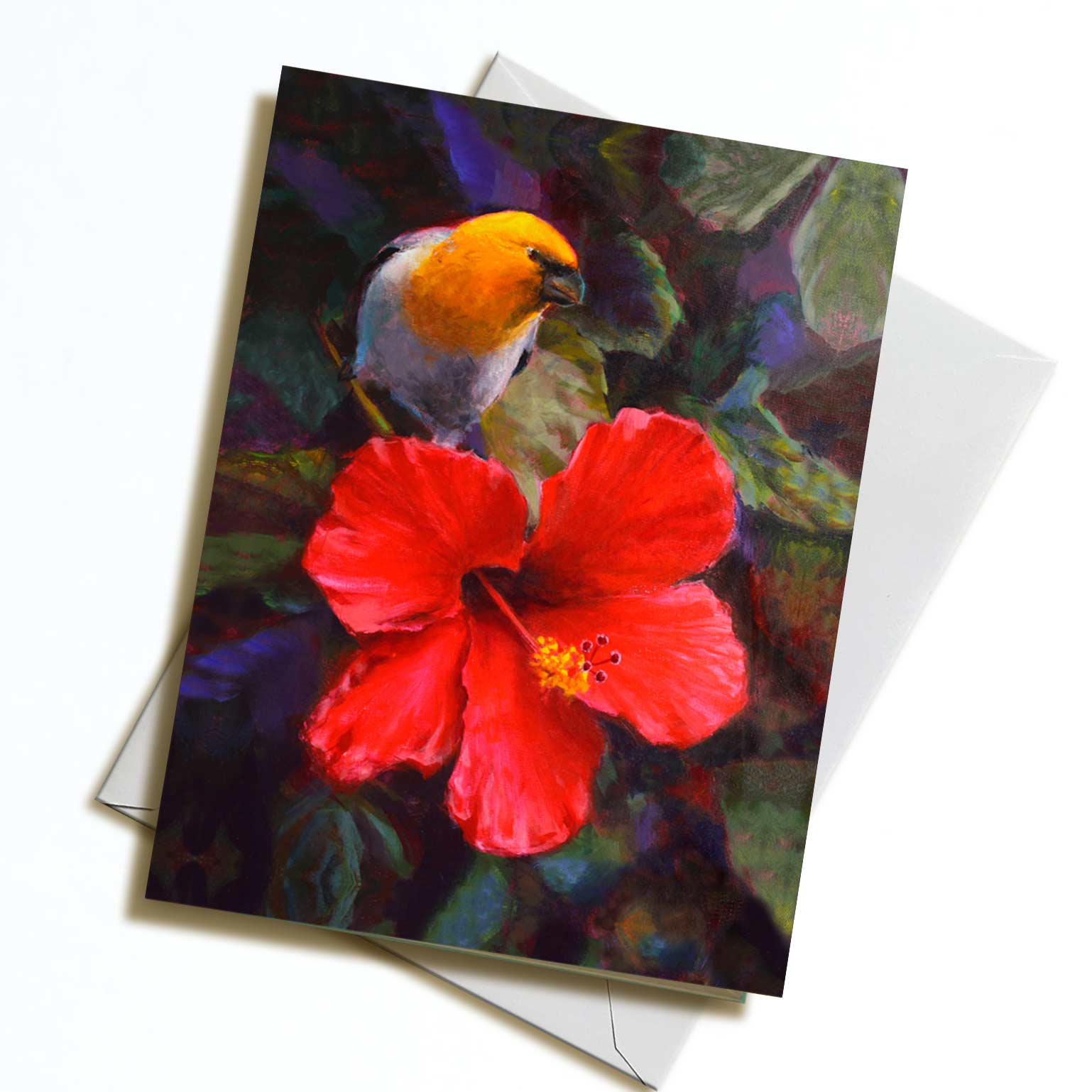 An envelope and card featuring art of a tropical Hawaiian Hibiscus flower and an endemic Palila bird on white background