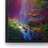 Waterfall Painting with Hawaiian Cottage - Healing Retreat Wall Art Canvas