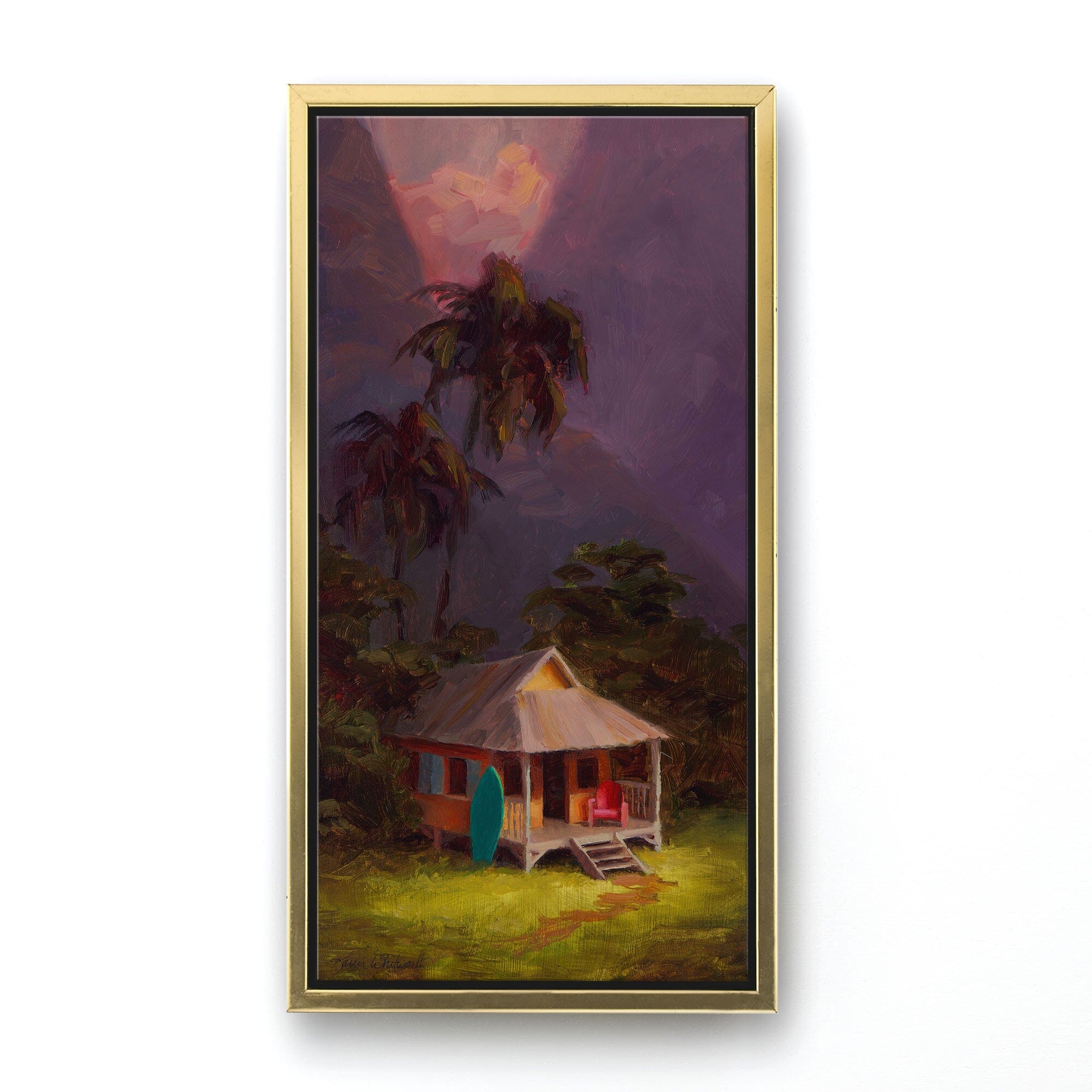 Old Hawaiian Landscape Painting - Canvas Wall Art Print of Tropical Paradise Cottage