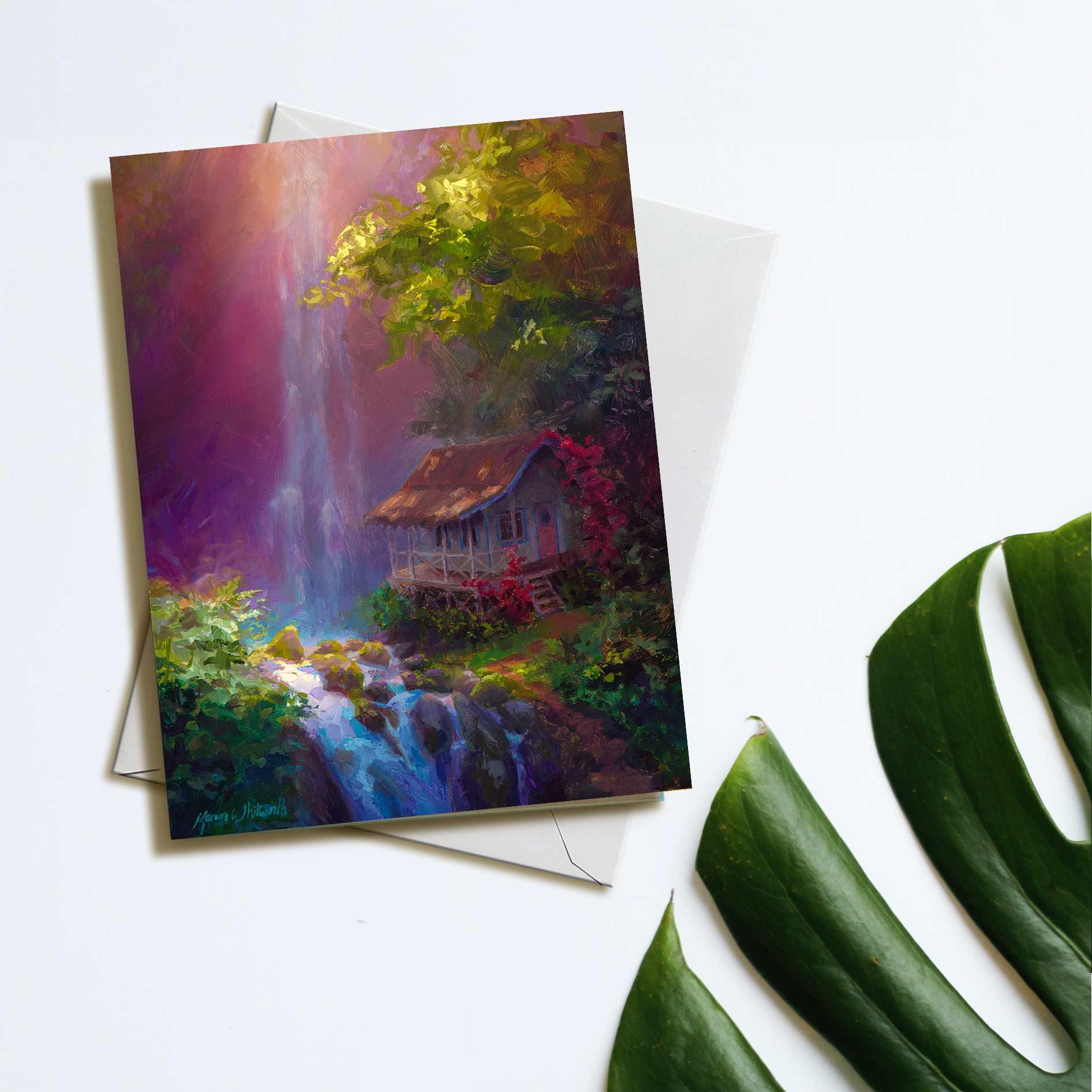 Hawaii greeting card with Kauai waterfall jungle cottage