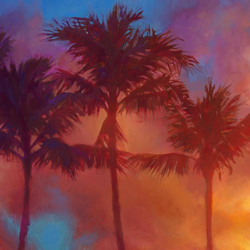 Hawaiian palm tree sunrise painting on canvas by tropical landscape painter Karen Whitworth