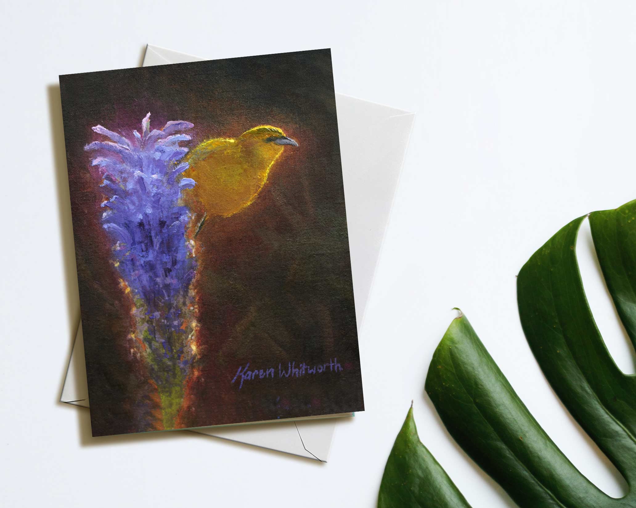 Hawaii note card featuring painting of Amakihi Bird and Haleakala Lobelia Flower against a white background