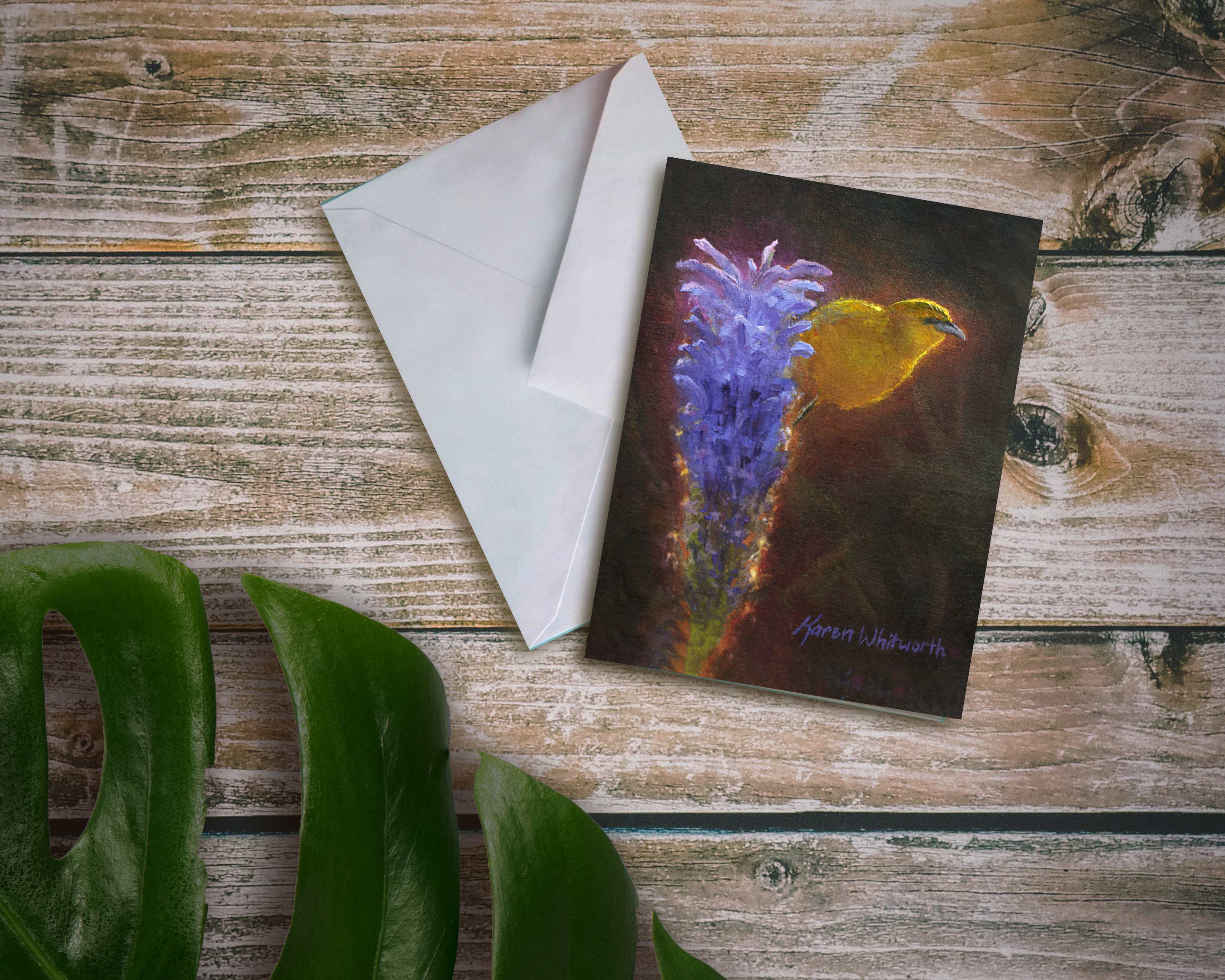 Hawaii note card featuring painting of Amakihi Bird and Haleakala Lobelia Flower against a wood background