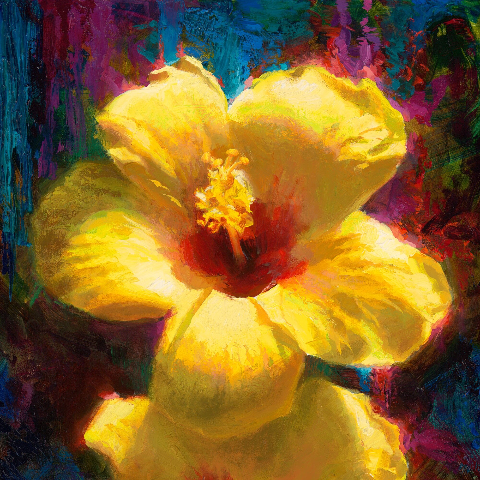 Crop of hibiscus painting "Past Present Future" by artist Karen Whitworth