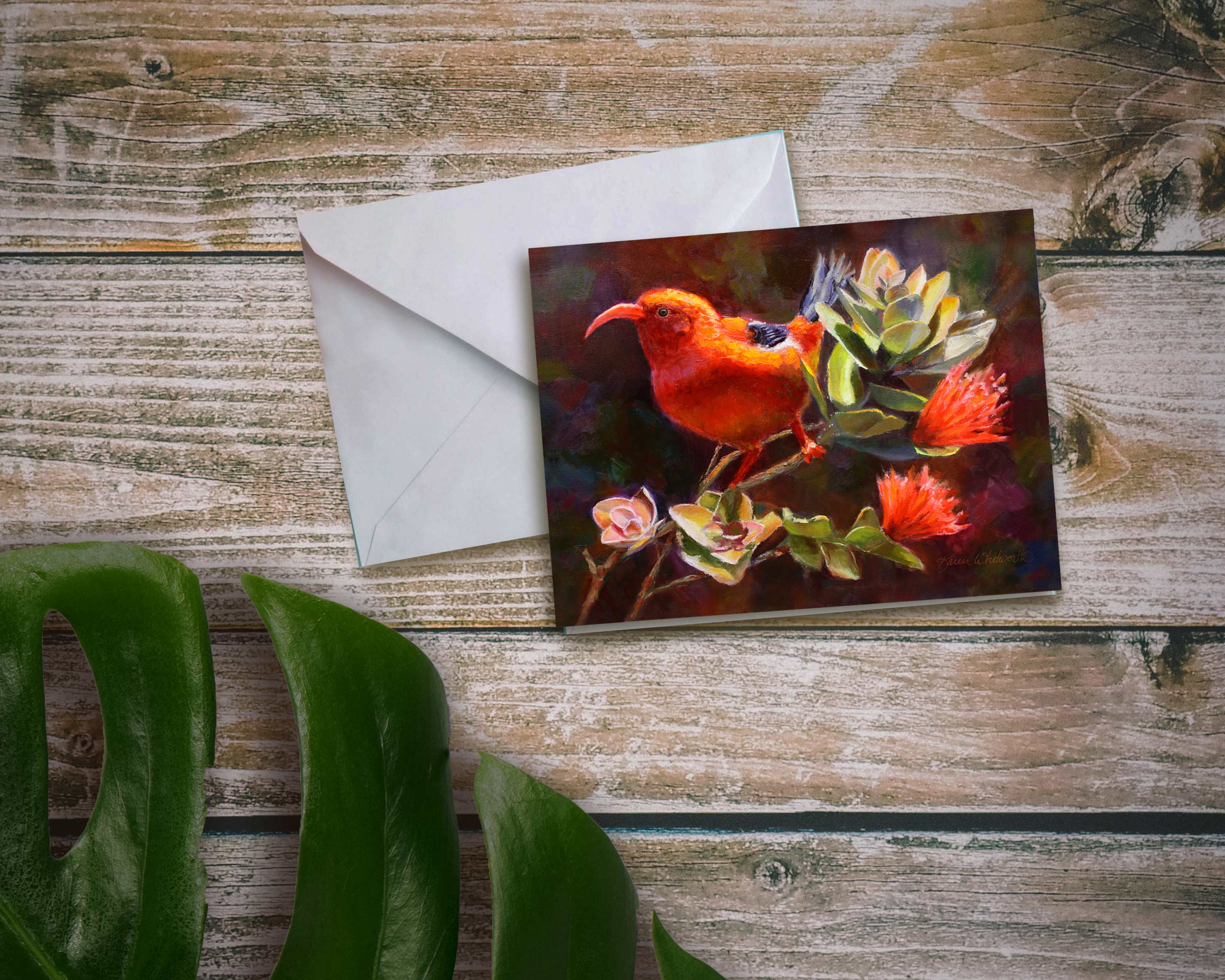 Hawaii note card featuring painting of Iiwi Ohia Lehua against a wood background