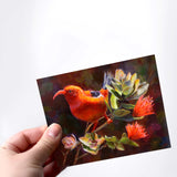 Person holding a Hawaii note card featuring painting of Iiwi and Ohia Lehua  Tropical Birds and Flower against a white background
