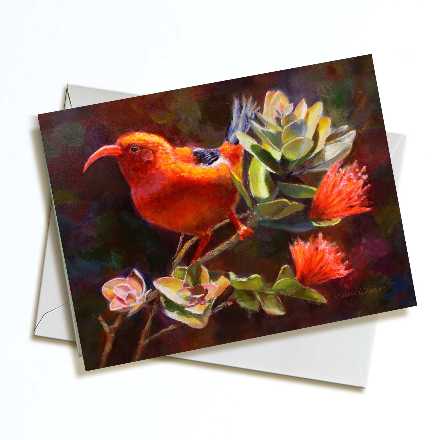 Hawaii note card featuring painting of Iiwi Bird and Ohia Lehua Flower against a white background