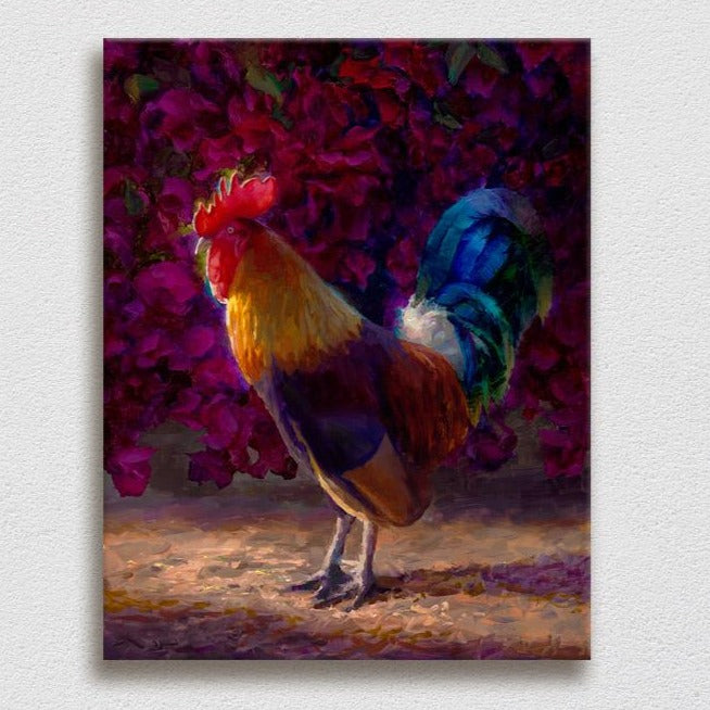 Wall art of Kauai chickens rooster painting on canvas by Hawaii artist Karen Whitworth