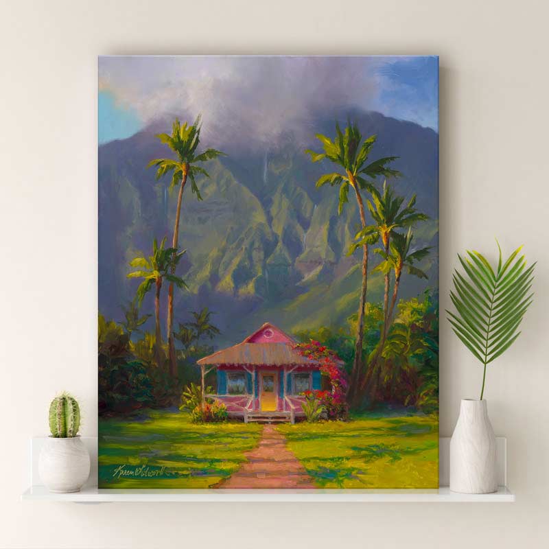 Kauai painting of Hanalei cottage and palm trees. Hawaii landscape canvas by tropical artist Karen Whitworth