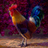 Rooster wall art print of a painting depicting a male chicken standing in front of a flowering bougainvillea bush.