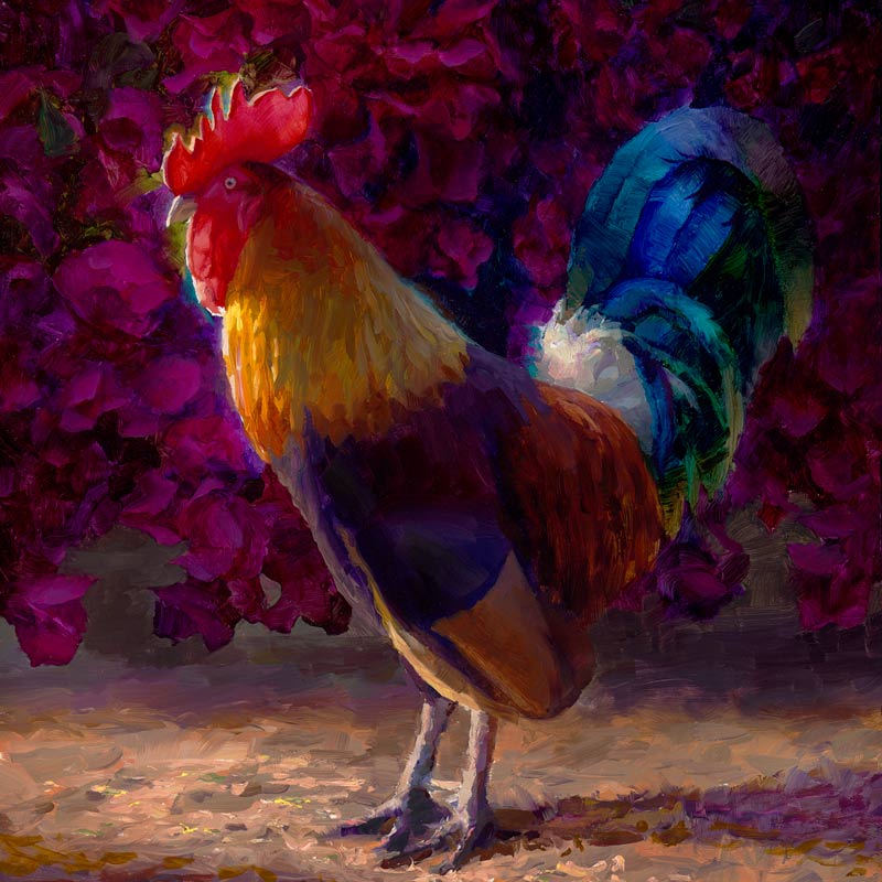 Rooster decor art print of a painting depicting a male chicken in front of a flowering pink bush.