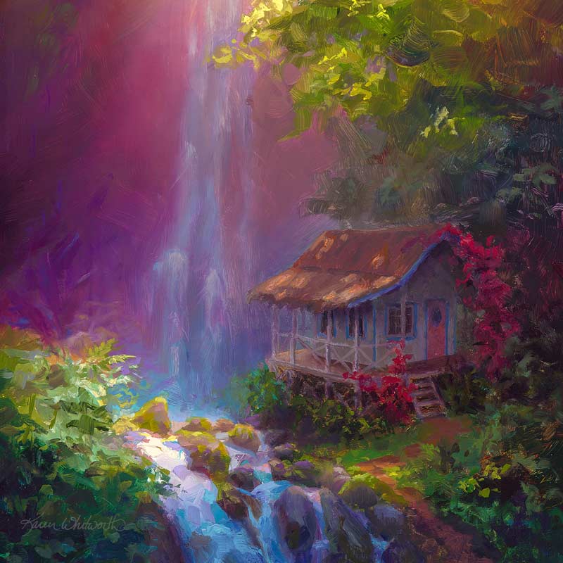 Landscape painting on canvas of Hawaiian waterfall by tropical artist Karen Whitworth titled "Healing Retreat"