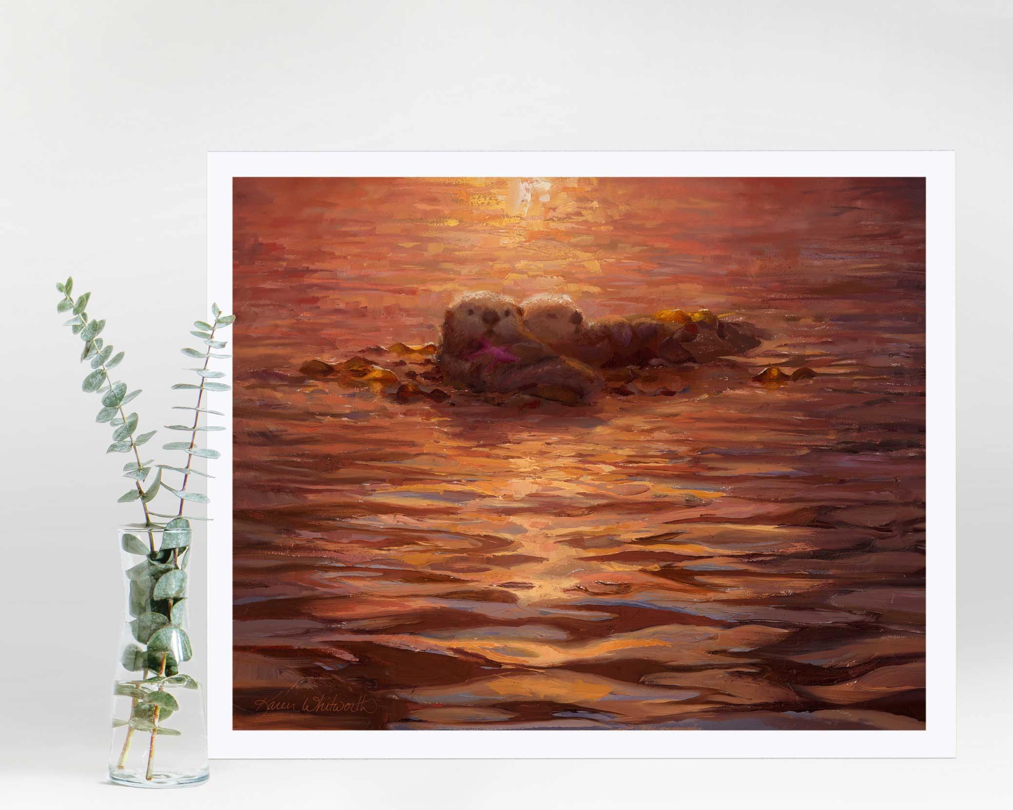 Coastal wall art print of sea otters and sunset by marine artist Karen Whitworth
