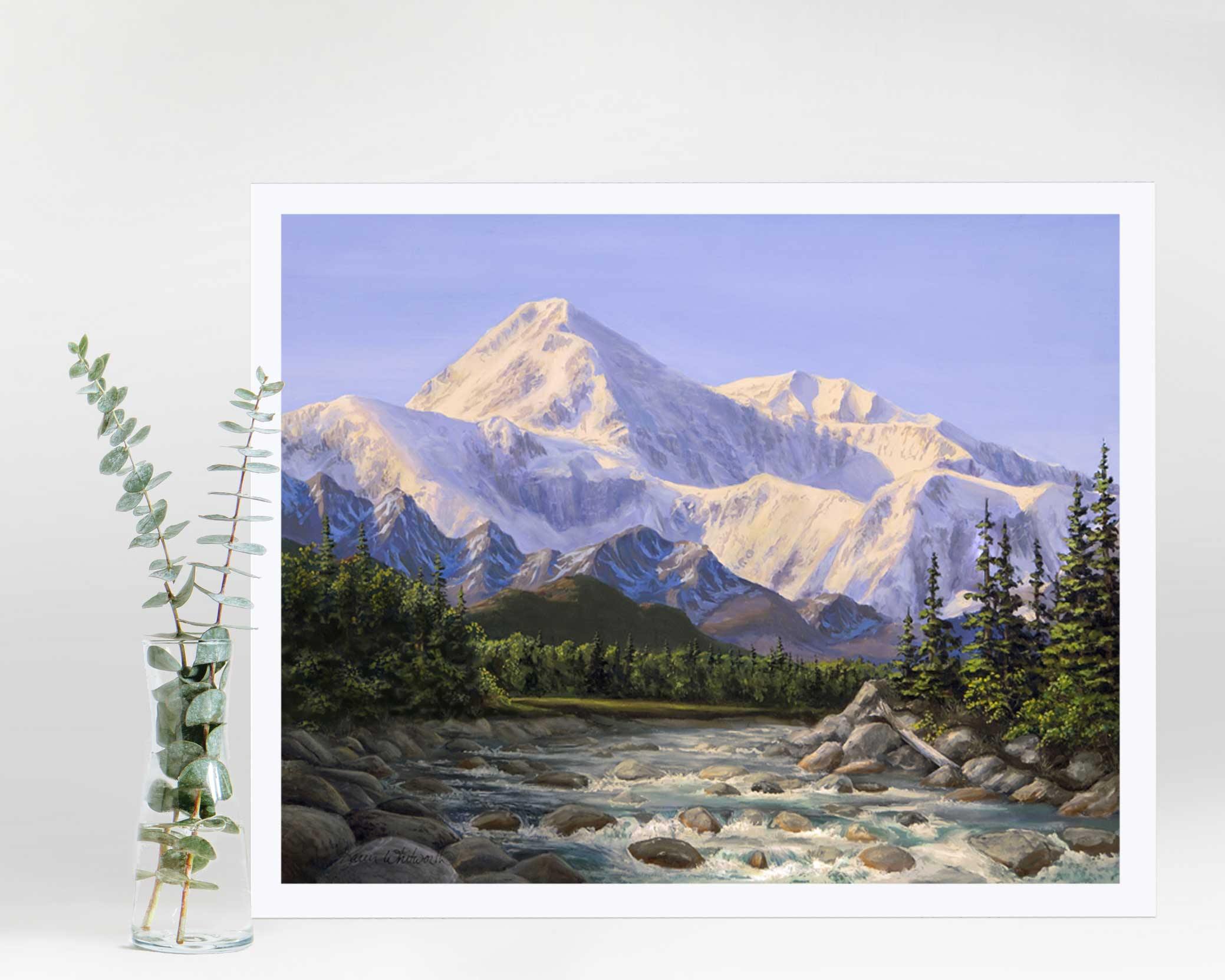 Alaska mountain landscape wall art print of Denali and river scenery by Alaska artist Karen Whitworth