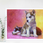 Painting of sled dog husky puppies in a colorful wall art print by Alaska artist Karen Whitworth