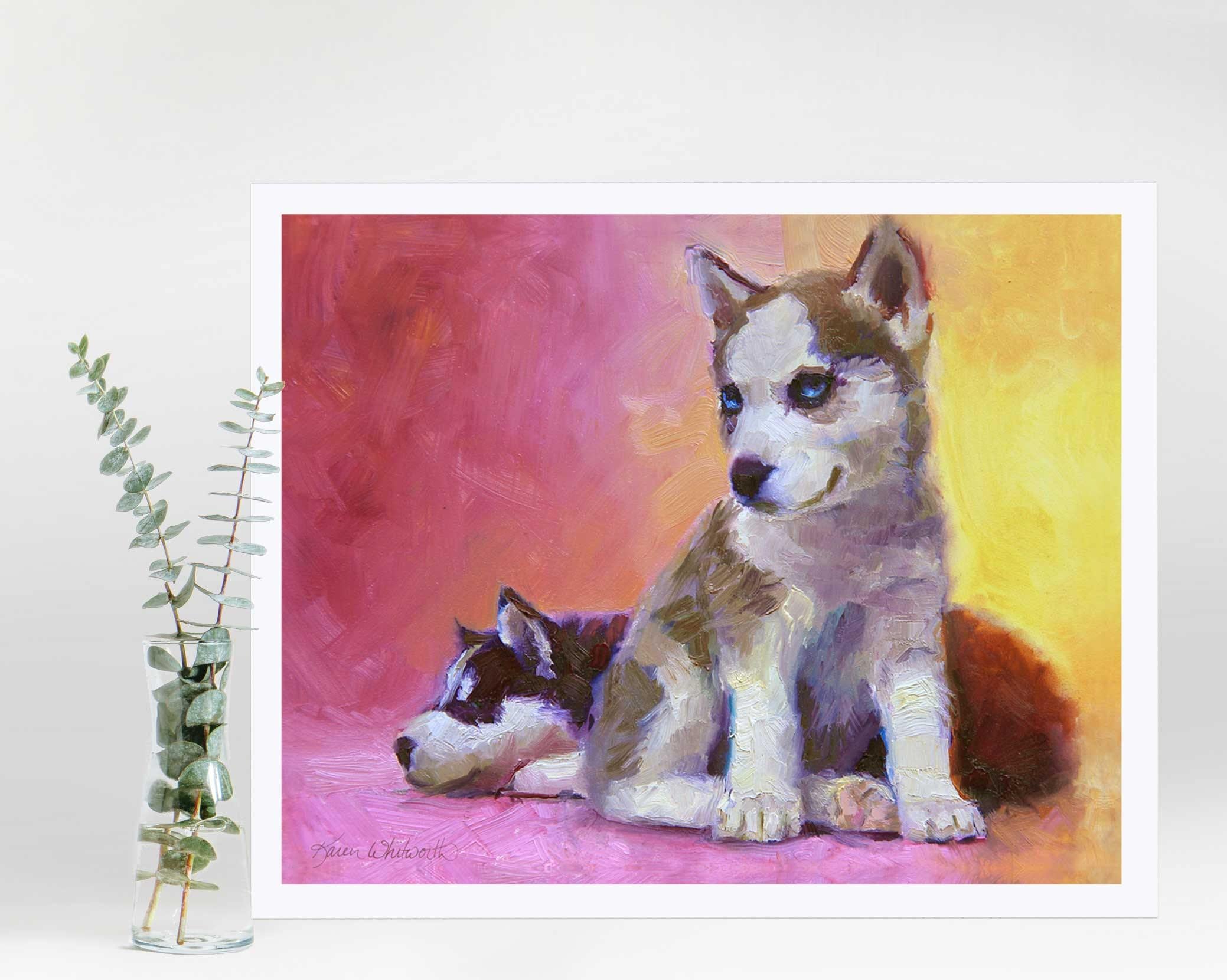 Painting of sled dog husky puppies in a colorful wall art print by Alaska artist Karen Whitworth