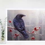 Paper Art print of black raven in winter forest by artist Karen Whitworth