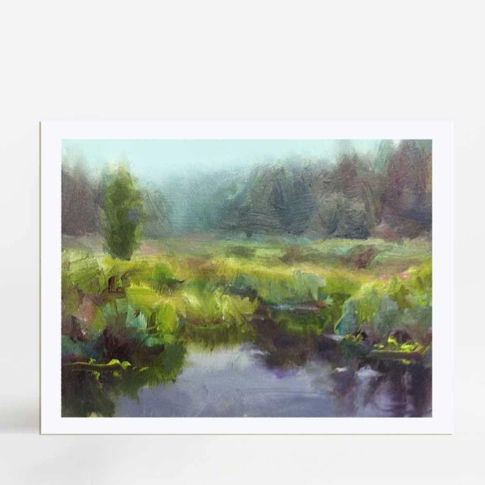 Paper wall art print of green meadow and quiet stream by artist Karen Whitworth