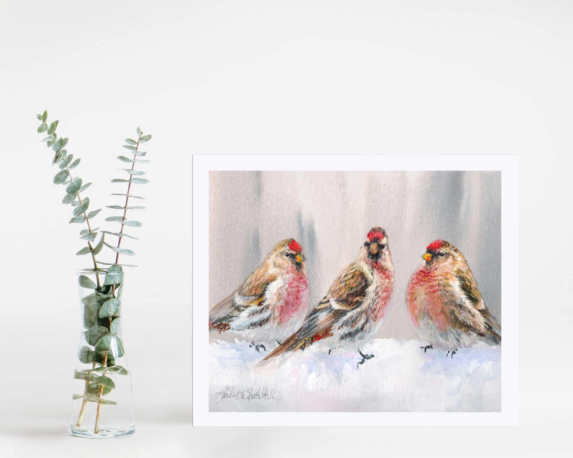Wall art print of redpoll songbirds by wildlife artist Karen Whitworth