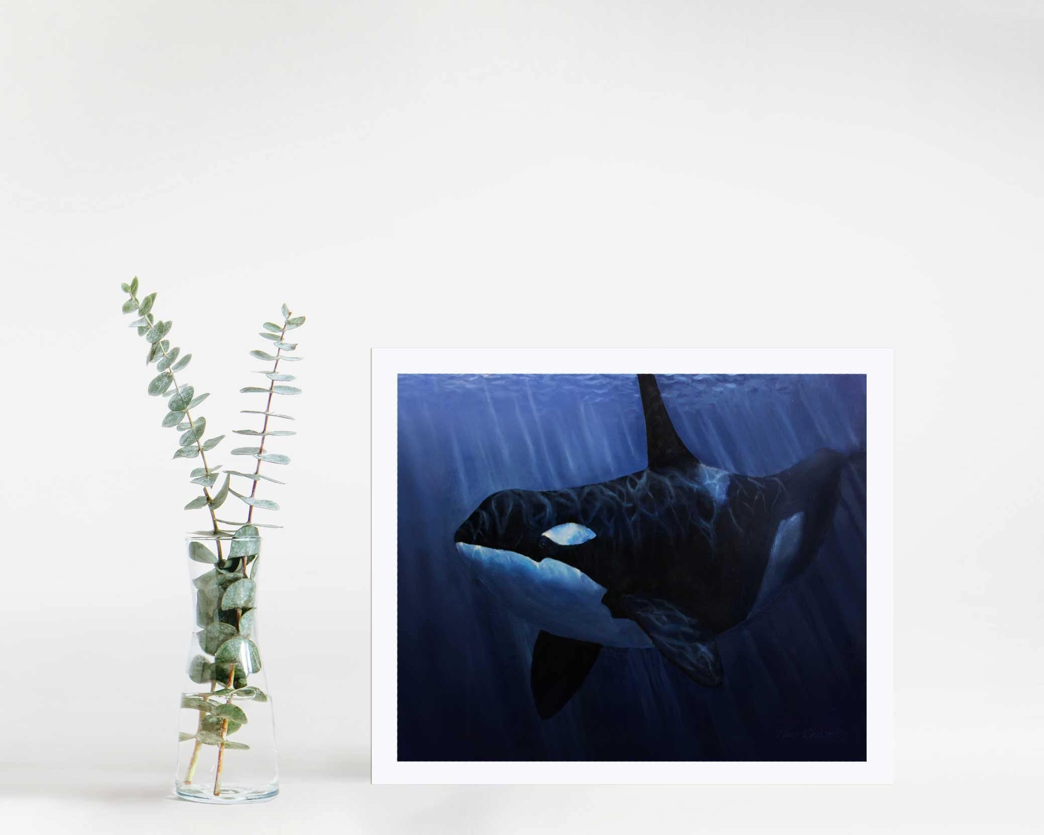 Wall art print of Orca killer whale and deep blue ocean in a painting by ocean artist Karen Whitworth