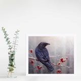 Paper Art print of black raven in winter forest by artist Karen Whitworth