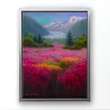 Alaska Art landscape painting on canvas of Mendenhall Glacier scenery in Juneau Alaska in a silver frame on a white wall
