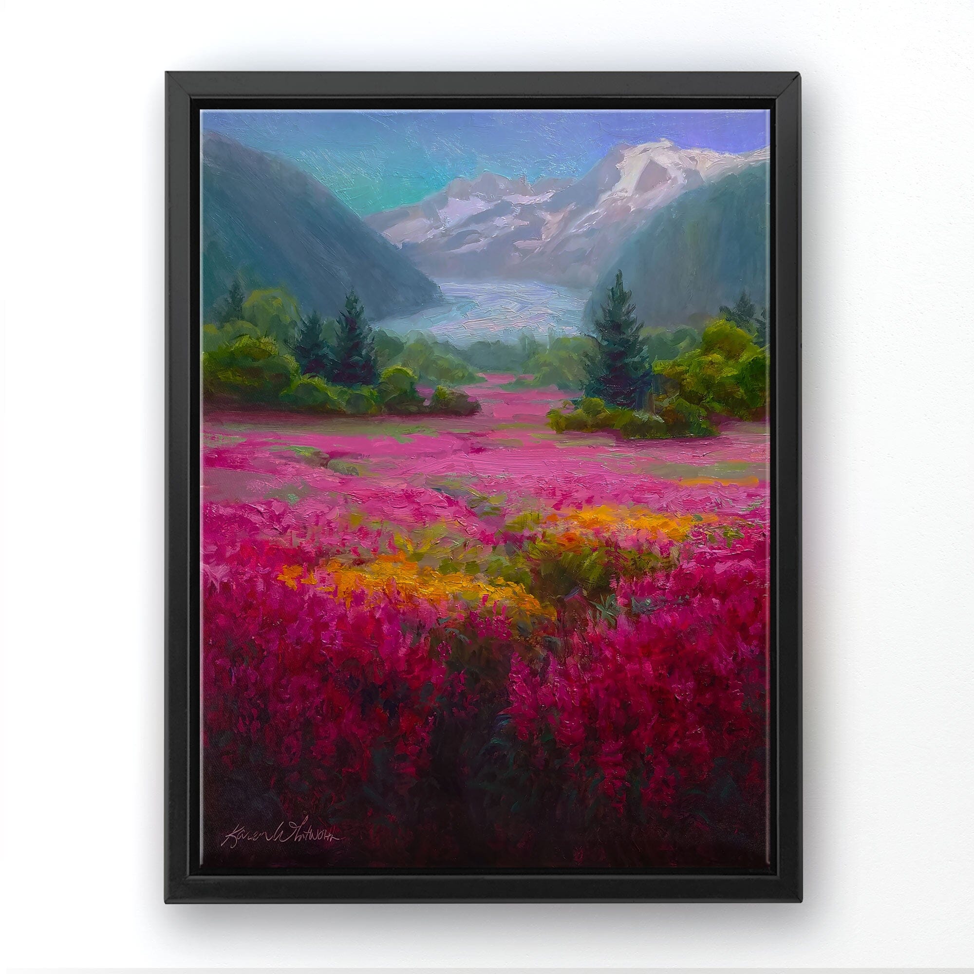 Alaska Art landscape painting on canvas of Mendenhall Glacier scenery in Juneau Alaska in a black frame on a white wall.