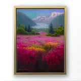 Alaska Art landscape painting on canvas of Mendenhall Glacier scenery in Juneau Alaska in a gold frame on a white wall