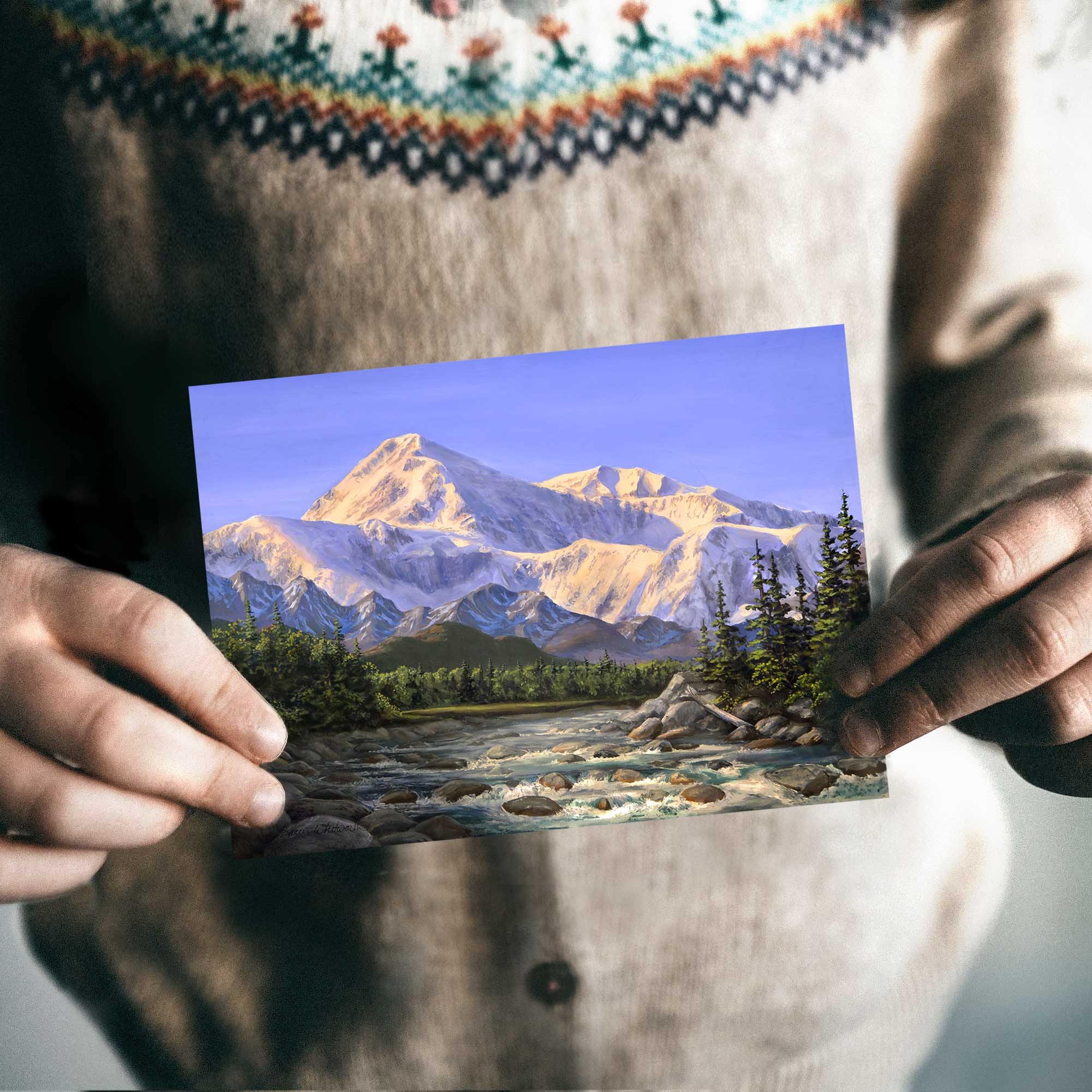 Majestic Alaska Denali Mountain landscape greeting card by artist Karen Whitworth.