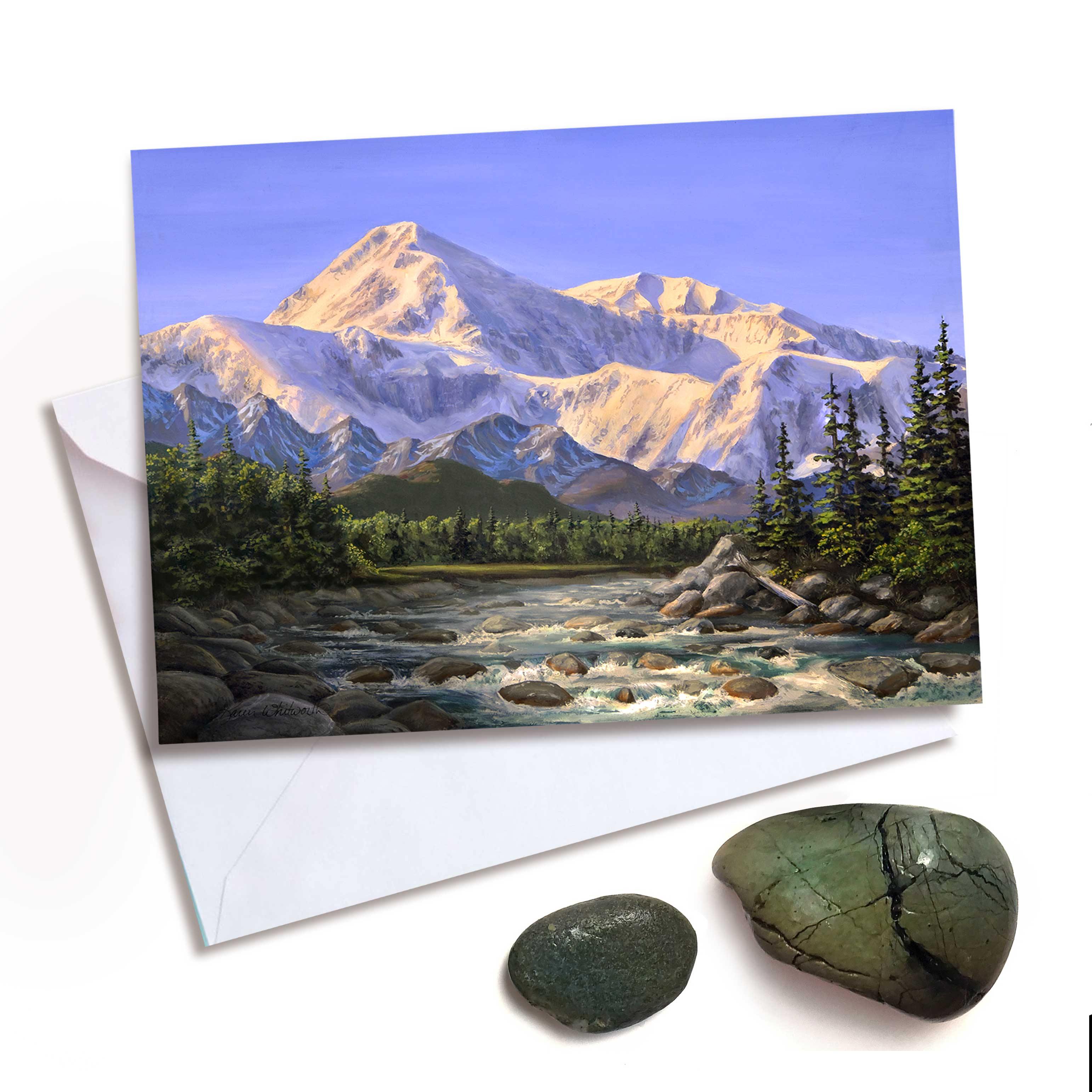 Majestic Alaska Denali Mountain landscape greeting card by artist Karen Whitworth.