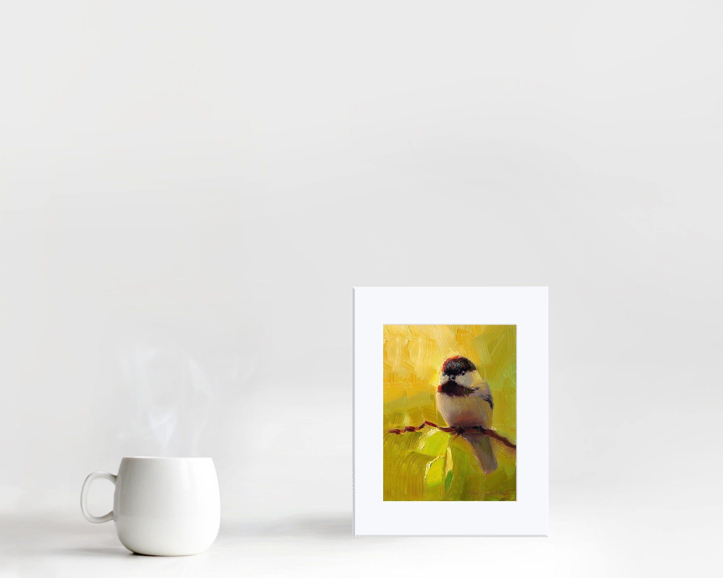 Bright painting of black capped chickadee bird by wildlife artist Karen Whitworth