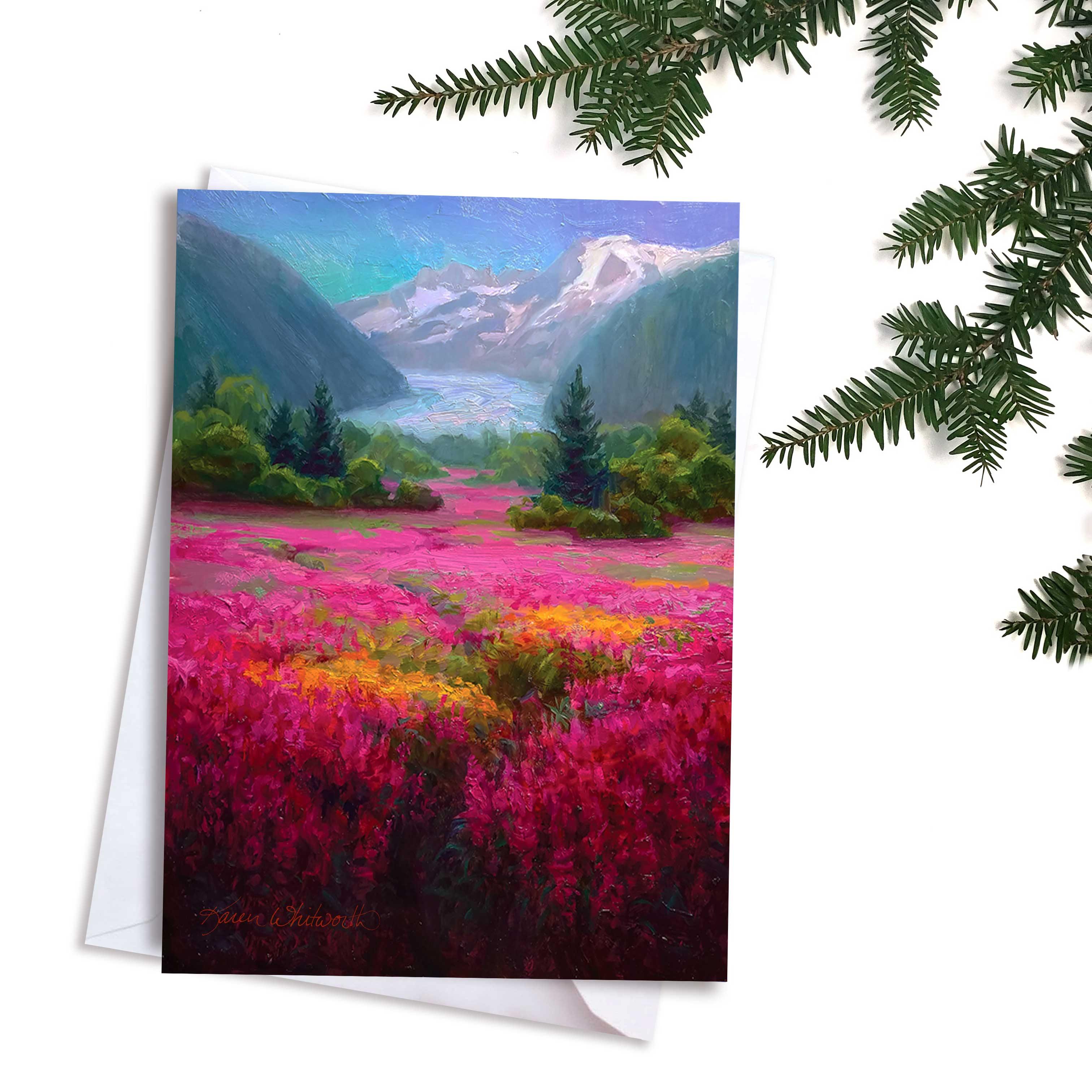 Mendenhall Glacier Alaska Mountain landscape greeting card by artist Karen Whitworth.
